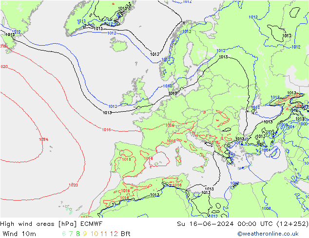 yüksek rüzgarlı alanlar ECMWF Paz 16.06.2024 00 UTC