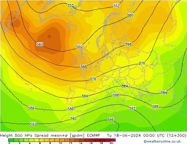 Height 500 hPa Spread ECMWF Tu 18.06.2024 00 UTC