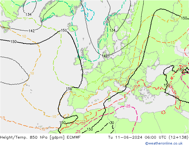 Hoogte/Temp. 850 hPa ECMWF di 11.06.2024 06 UTC