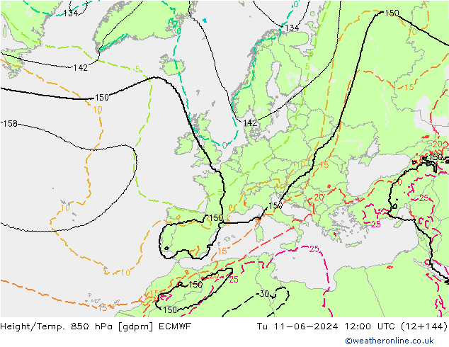 Height/Temp. 850 hPa ECMWF Út 11.06.2024 12 UTC