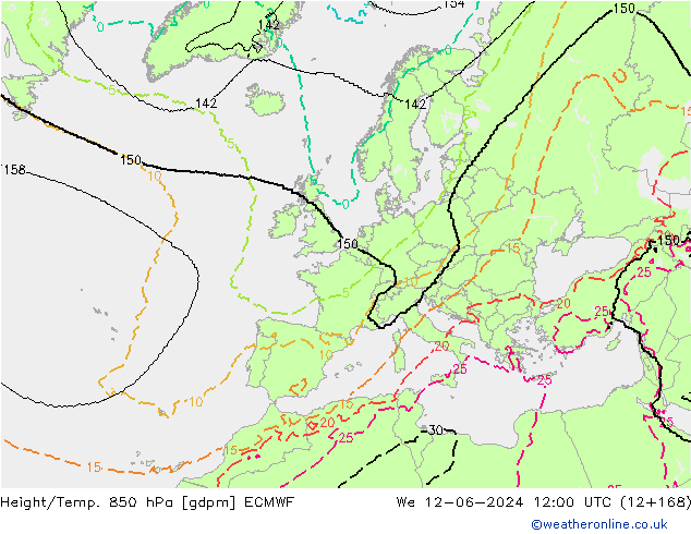 Hoogte/Temp. 850 hPa ECMWF wo 12.06.2024 12 UTC