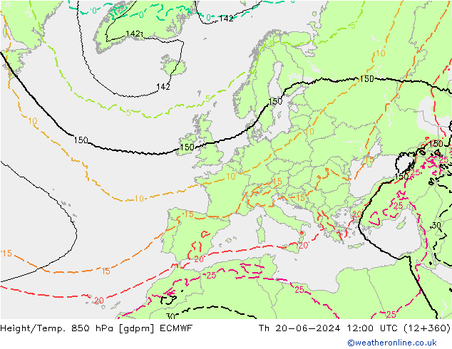 Height/Temp. 850 hPa ECMWF Th 20.06.2024 12 UTC