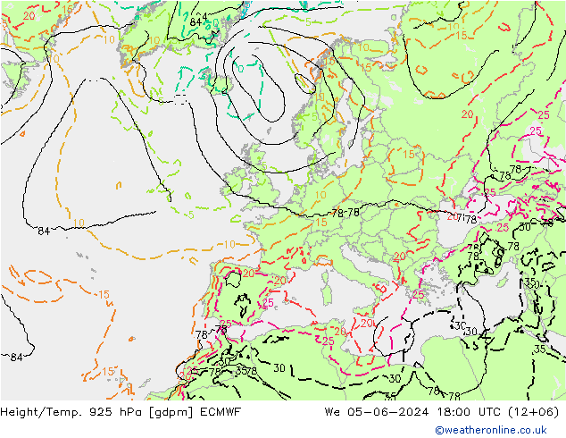 Height/Temp. 925 hPa ECMWF We 05.06.2024 18 UTC