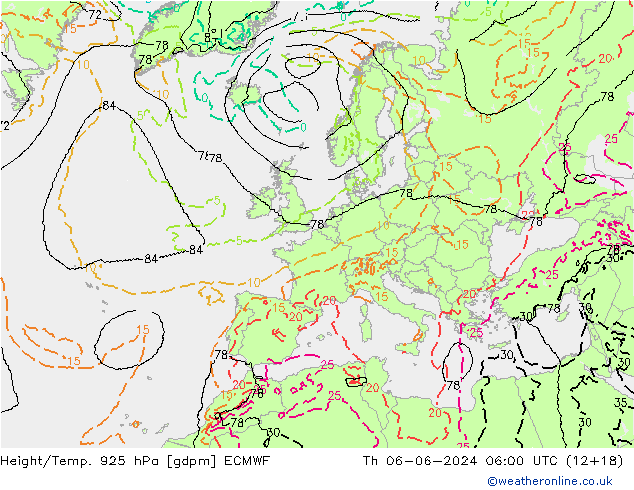 Geop./Temp. 925 hPa ECMWF jue 06.06.2024 06 UTC