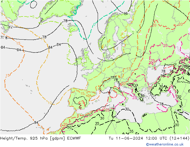 Height/Temp. 925 hPa ECMWF Di 11.06.2024 12 UTC