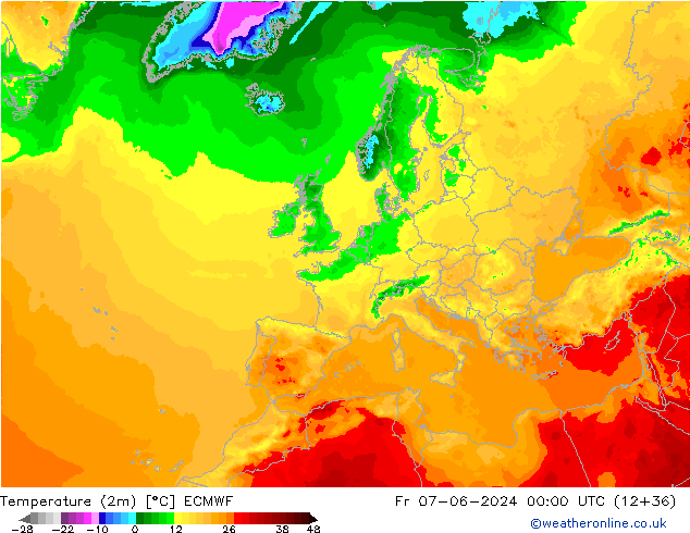 Temperature (2m) ECMWF Fr 07.06.2024 00 UTC