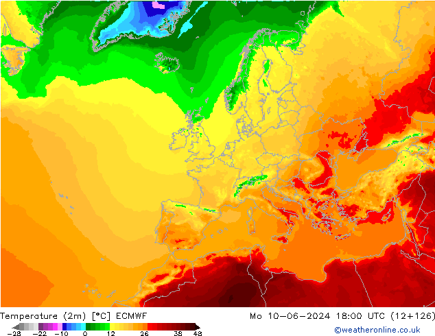 Temperature (2m) ECMWF Po 10.06.2024 18 UTC