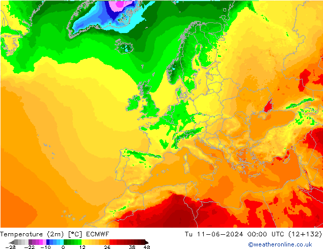 Temperatuurkaart (2m) ECMWF di 11.06.2024 00 UTC