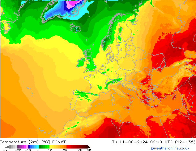 température (2m) ECMWF mar 11.06.2024 06 UTC