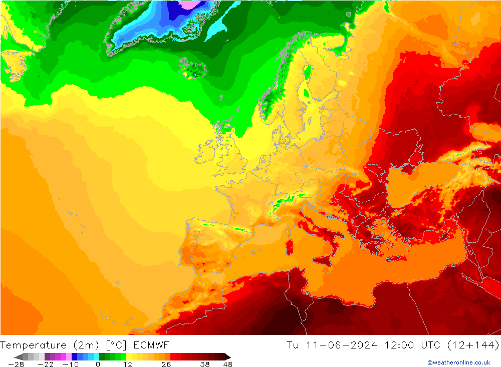 Temperaturkarte (2m) ECMWF Di 11.06.2024 12 UTC