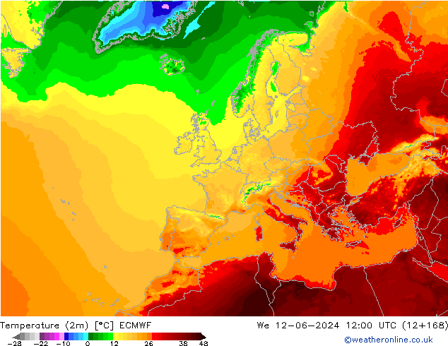 Temperaturkarte (2m) ECMWF Mi 12.06.2024 12 UTC