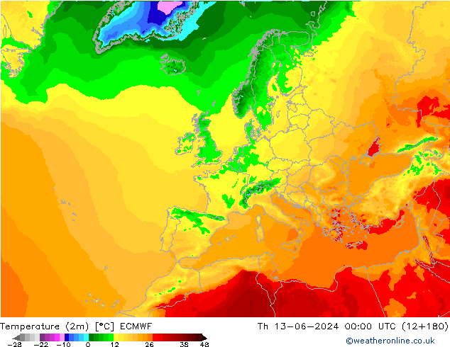 Temperatuurkaart (2m) ECMWF do 13.06.2024 00 UTC