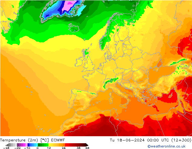 Temperature (2m) ECMWF Tu 18.06.2024 00 UTC