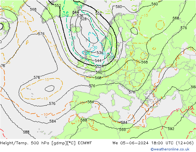 Hoogte/Temp. 500 hPa ECMWF wo 05.06.2024 18 UTC