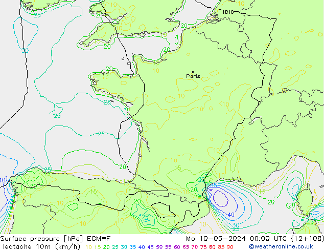 Isotachs (kph) ECMWF lun 10.06.2024 00 UTC