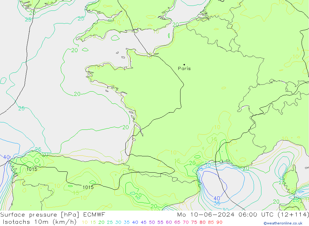 Eşrüzgar Hızları (km/sa) ECMWF Pzt 10.06.2024 06 UTC