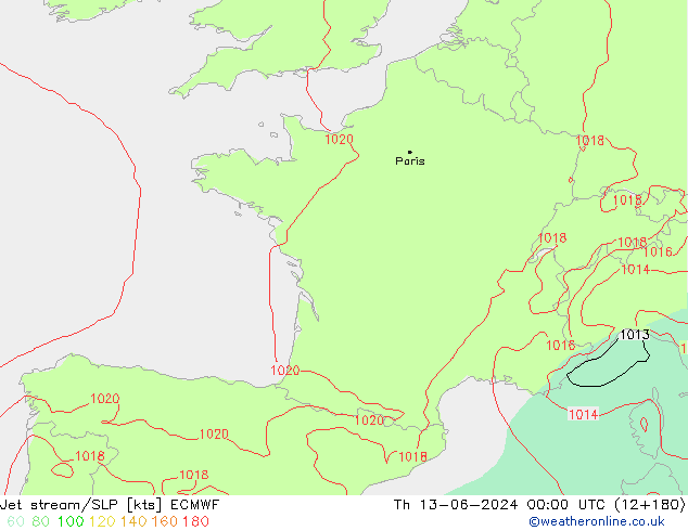 Jet stream ECMWF Qui 13.06.2024 00 UTC