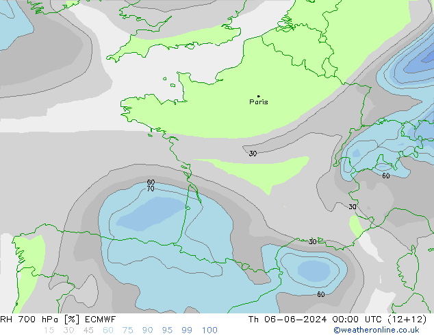 RH 700 гПа ECMWF чт 06.06.2024 00 UTC