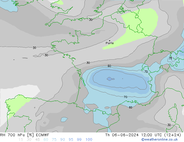 RH 700 hPa ECMWF Th 06.06.2024 12 UTC