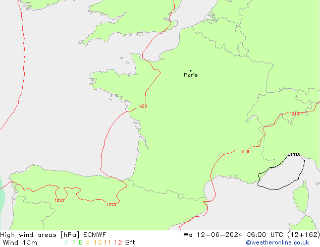 High wind areas ECMWF We 12.06.2024 06 UTC