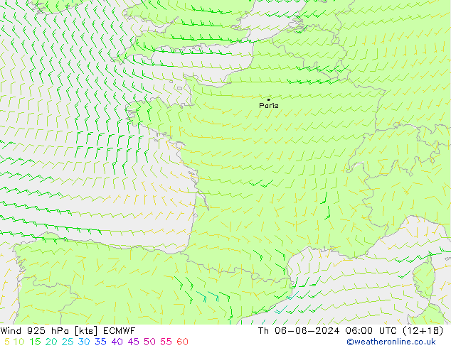 Wind 925 hPa ECMWF Čt 06.06.2024 06 UTC