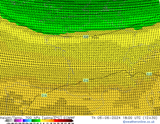 Height/Temp. 700 hPa ECMWF Th 06.06.2024 18 UTC