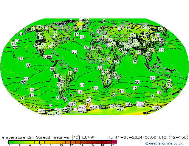 Temperature 2m Spread ECMWF Tu 11.06.2024 06 UTC