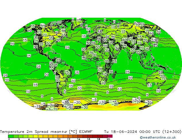 Sıcaklık Haritası 2m Spread ECMWF Sa 18.06.2024 00 UTC