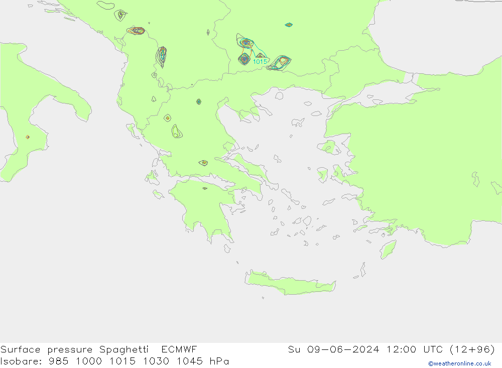 Presión superficial Spaghetti ECMWF dom 09.06.2024 12 UTC