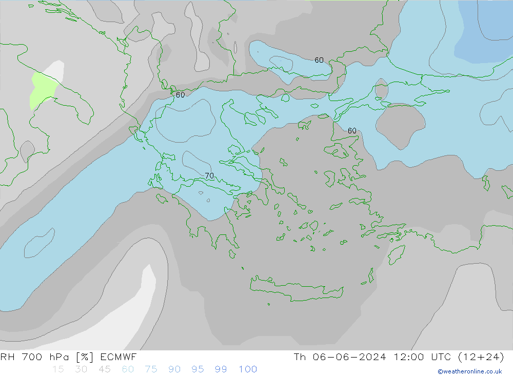Humedad rel. 700hPa ECMWF jue 06.06.2024 12 UTC