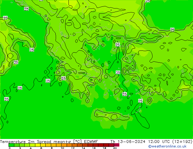 température 2m Spread ECMWF jeu 13.06.2024 12 UTC