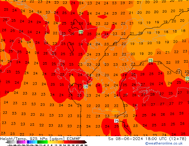 Height/Temp. 925 hPa ECMWF Sáb 08.06.2024 18 UTC