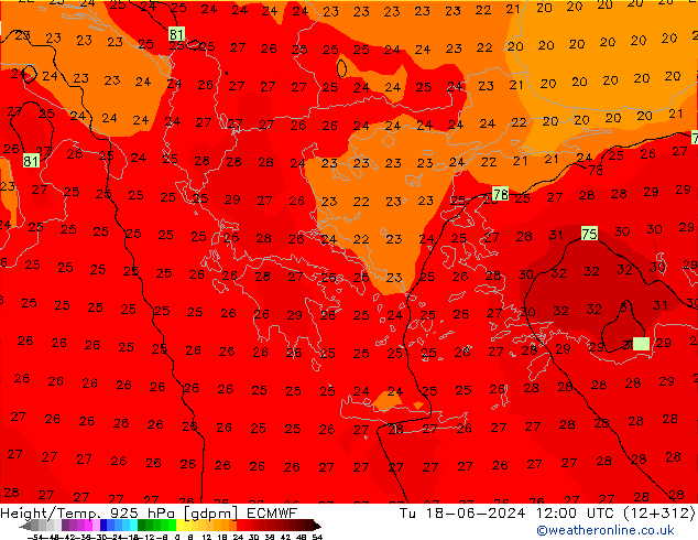 Height/Temp. 925 hPa ECMWF Tu 18.06.2024 12 UTC