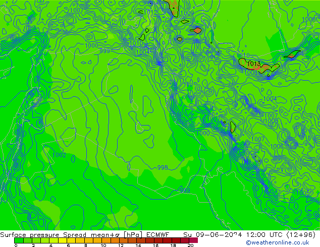 Surface pressure Spread ECMWF Su 09.06.2024 12 UTC