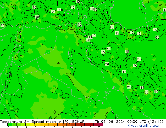 Temperatura 2m Spread ECMWF gio 06.06.2024 00 UTC