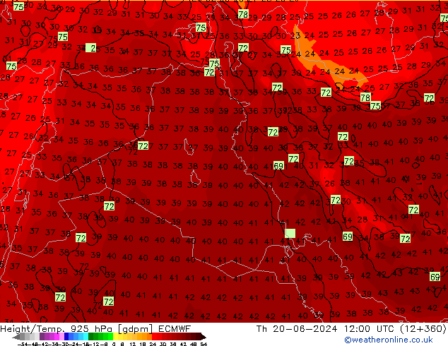 Height/Temp. 925 hPa ECMWF Th 20.06.2024 12 UTC