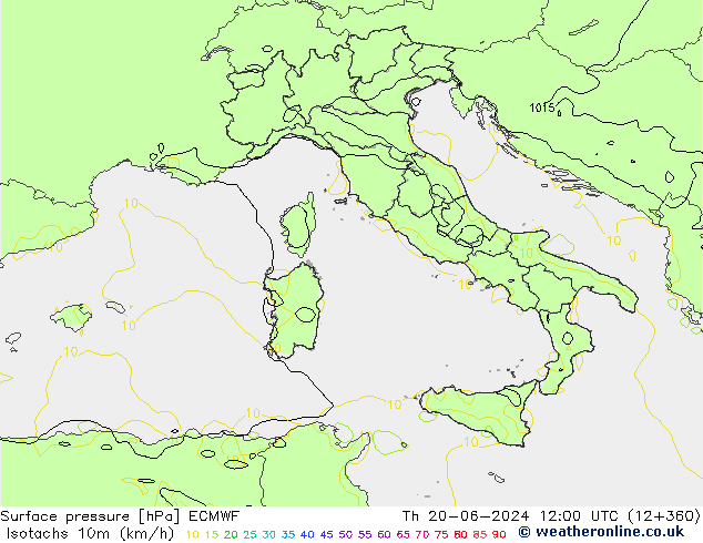 Isotachs (kph) ECMWF jeu 20.06.2024 12 UTC