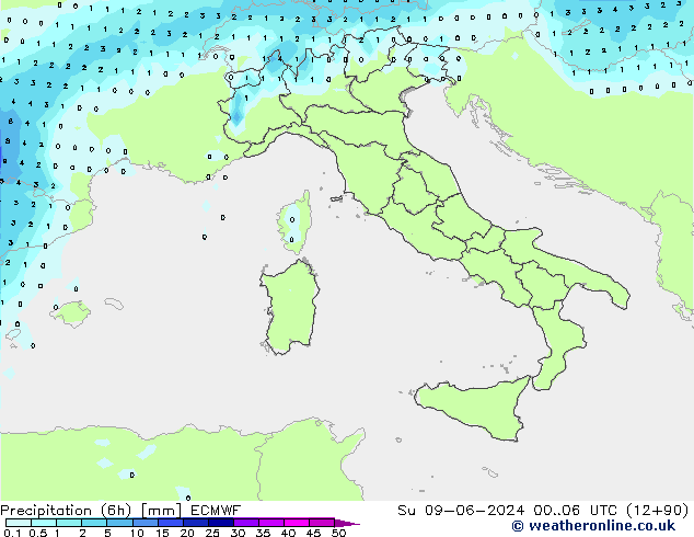 Precipitation (6h) ECMWF Su 09.06.2024 06 UTC