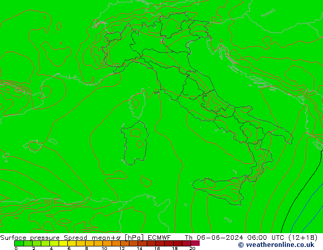 Pressione al suolo Spread ECMWF gio 06.06.2024 06 UTC