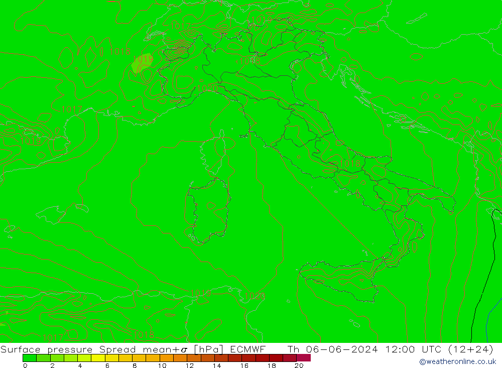 Presión superficial Spread ECMWF jue 06.06.2024 12 UTC