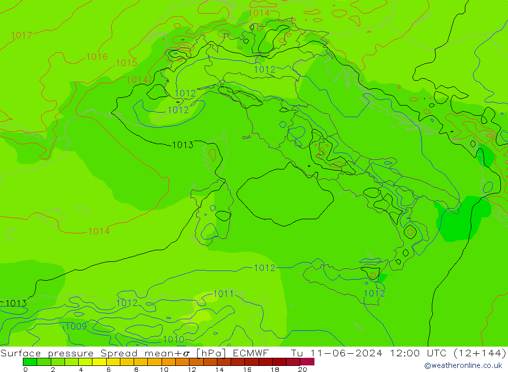 Luchtdruk op zeeniveau Spread ECMWF di 11.06.2024 12 UTC