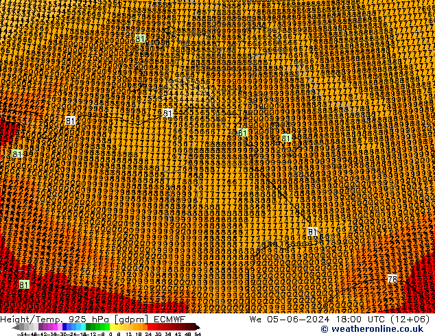 Height/Temp. 925 hPa ECMWF mer 05.06.2024 18 UTC