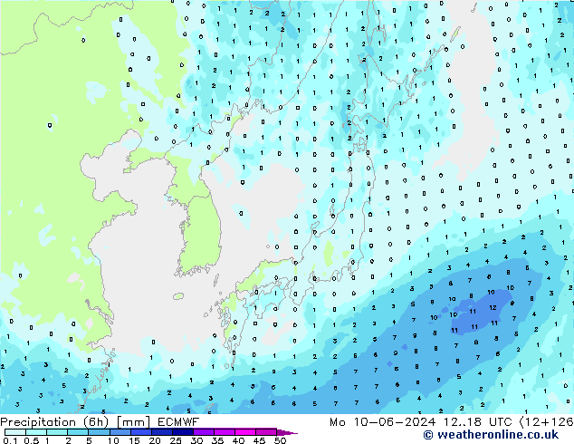 Precipitation (6h) ECMWF Mo 10.06.2024 18 UTC