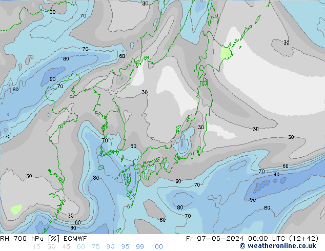 Humidité rel. 700 hPa ECMWF ven 07.06.2024 06 UTC