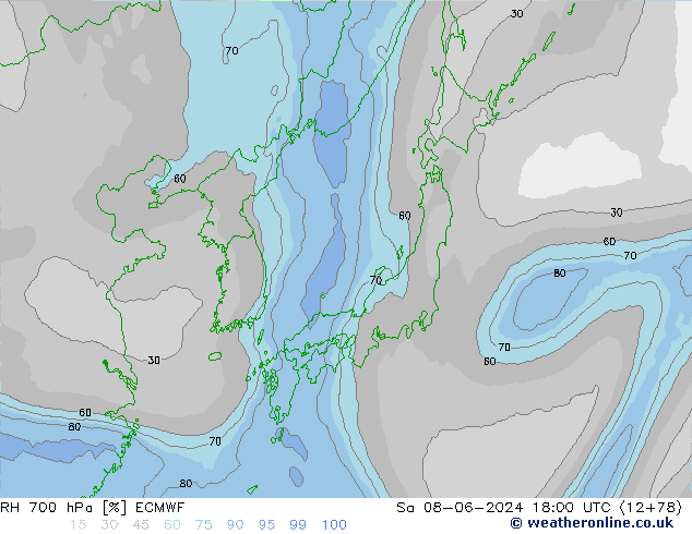 RH 700 hPa ECMWF Sa 08.06.2024 18 UTC