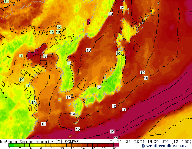 Eşrüzgar Hızları Spread ECMWF Sa 11.06.2024 18 UTC