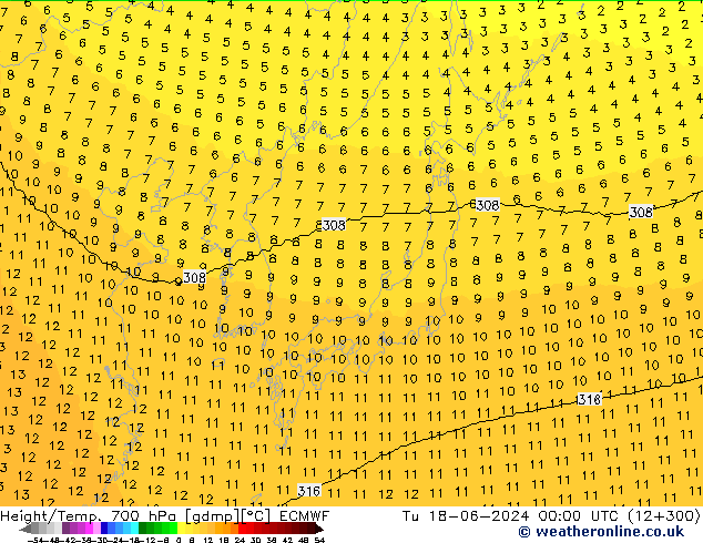 Géop./Temp. 700 hPa ECMWF mar 18.06.2024 00 UTC