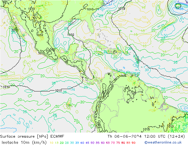 Isotachs (kph) ECMWF Qui 06.06.2024 12 UTC