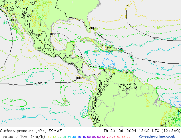 Isotachen (km/h) ECMWF do 20.06.2024 12 UTC