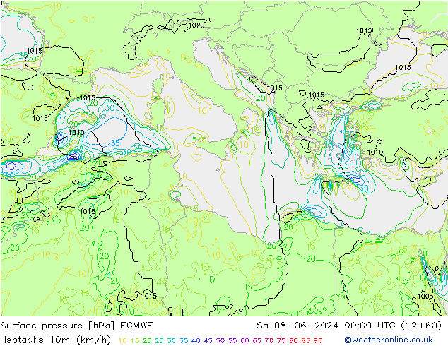 Isotachs (kph) ECMWF Sa 08.06.2024 00 UTC